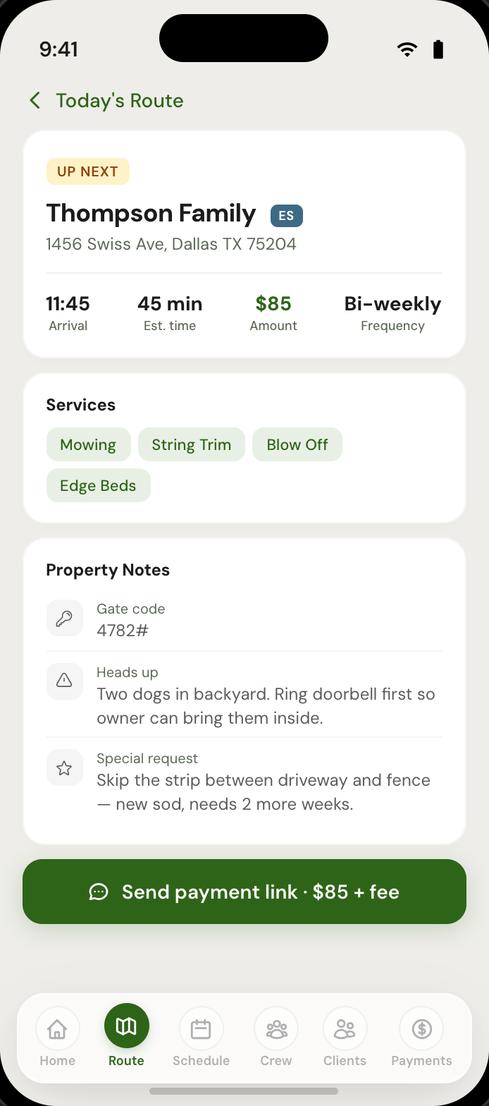 GreenKit job detail with services and property notes