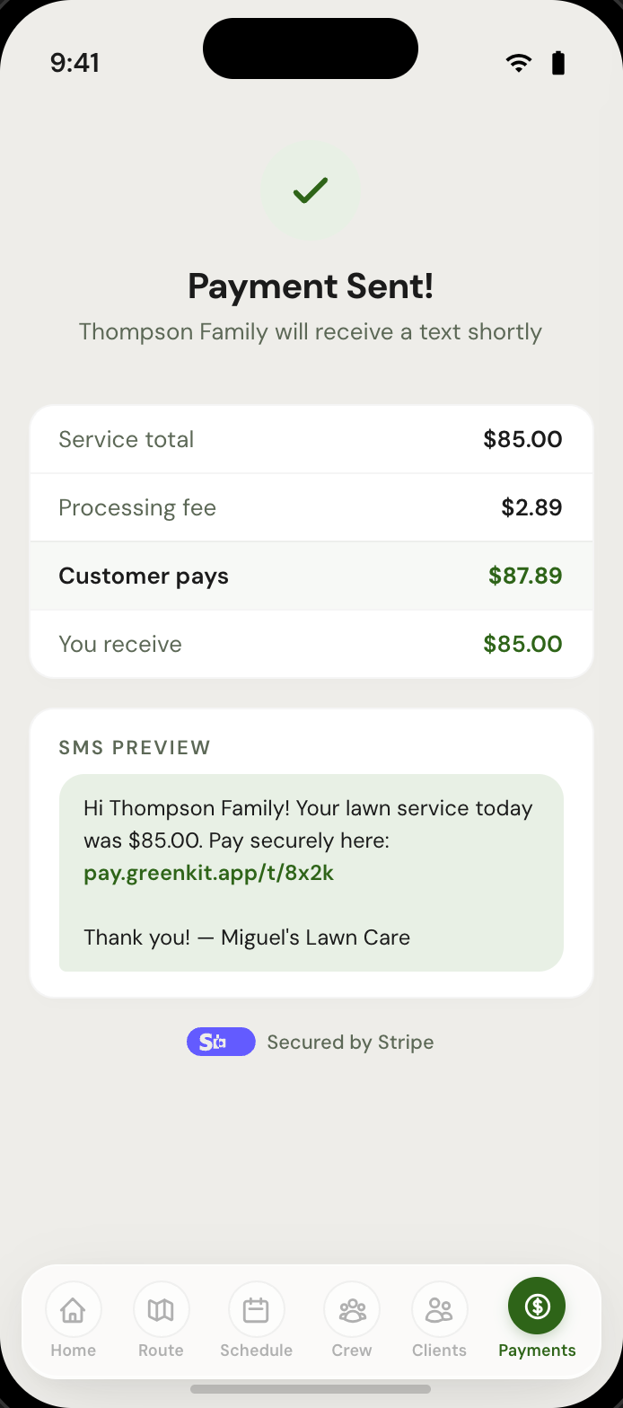 GreenKit payment confirmation with receipt and SMS preview
