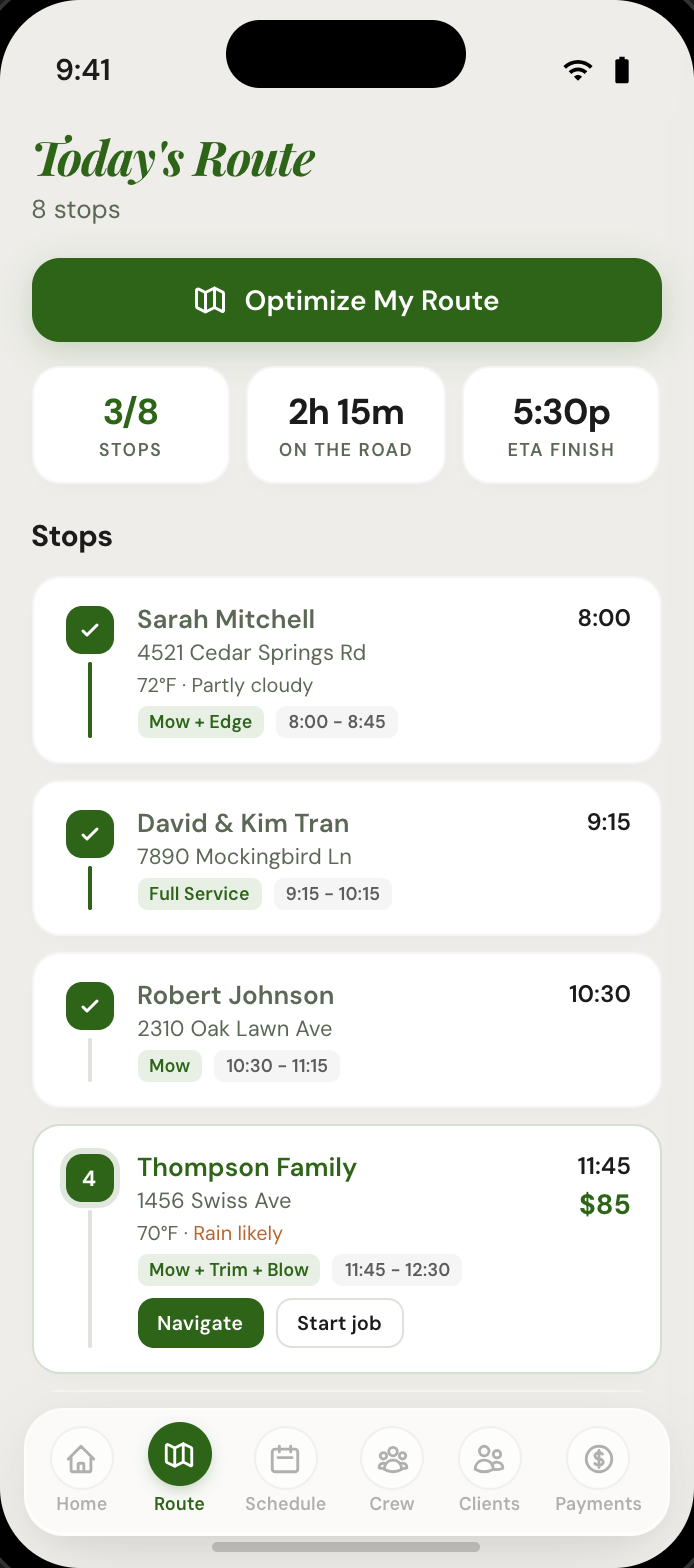 GreenKit daily route with stops and optimization