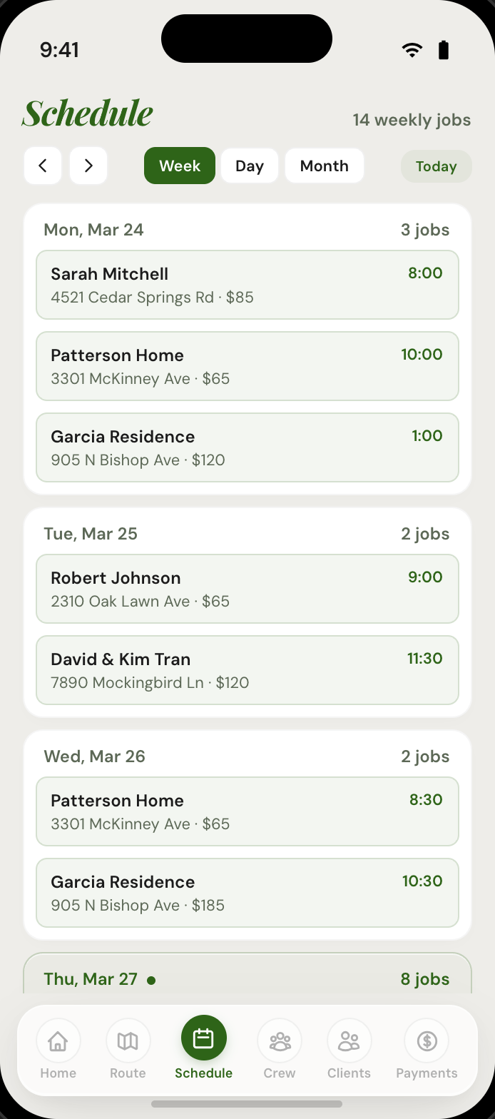 GreenKit weekly schedule with drag-and-drop job management
